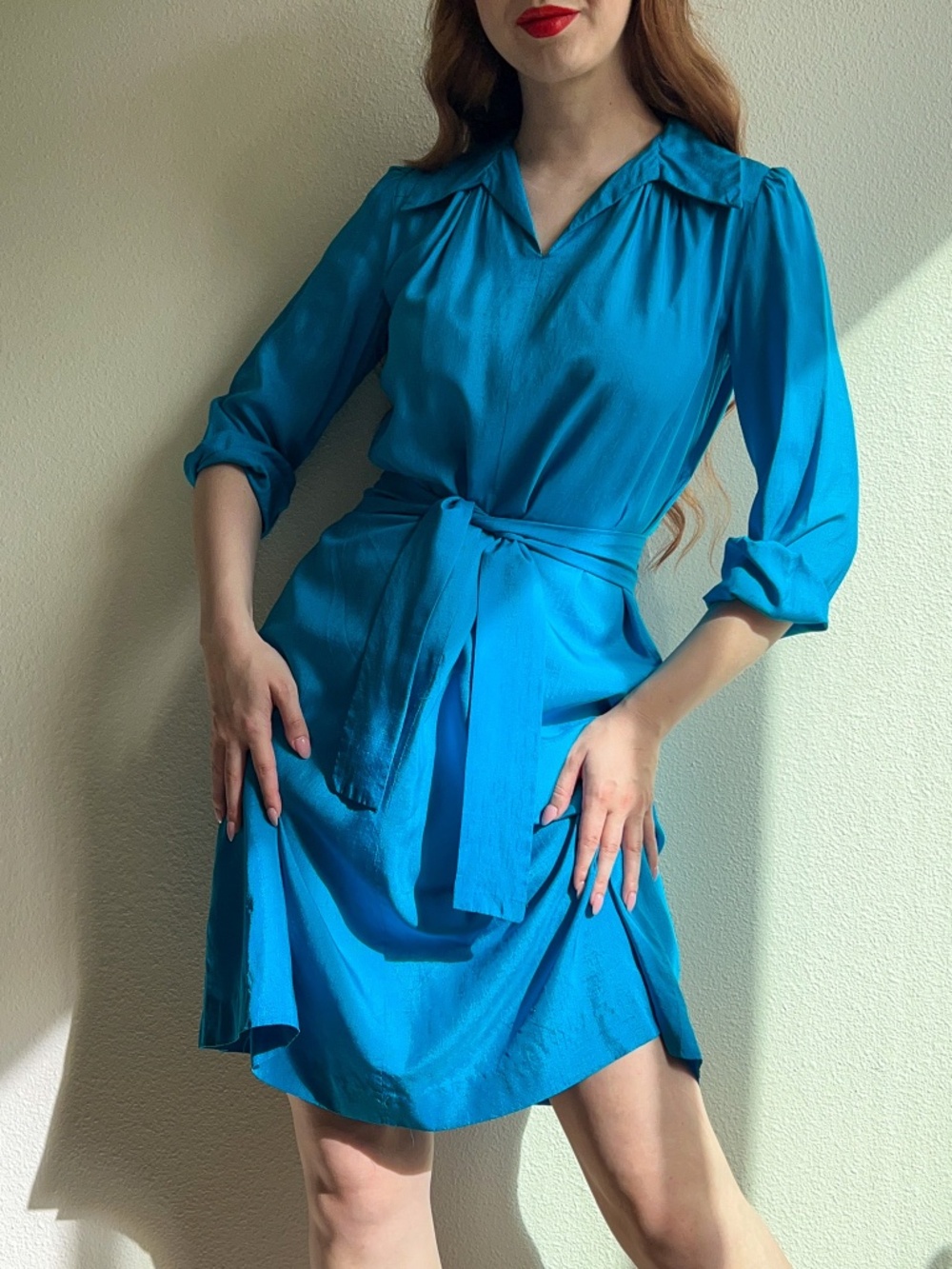 Vintage 1970s Teal Silk Dress With Tie (M)